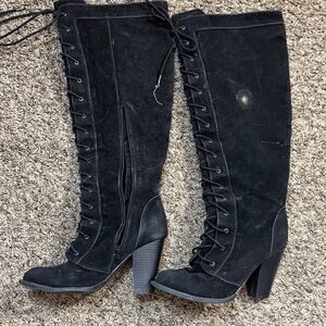 Black Lace-Up Knee-High Boots